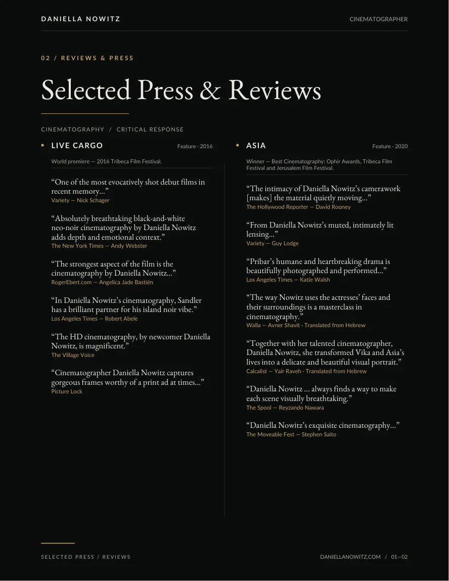 Page 1 of Daniella Nowitz’s Press & Reviews document